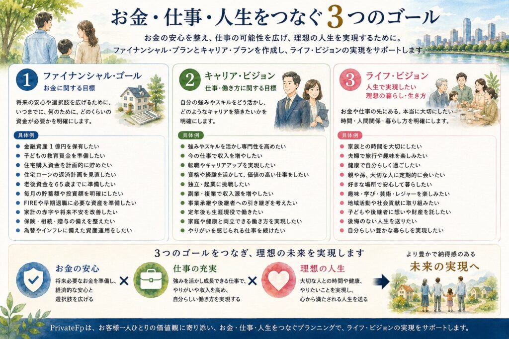 三つのゴール（お金・仕事・人生）を示す日本語の案内図。金融目標・キャリア目標・ライフ・ビジョンの柱と具体例を解説。写真は家族と街並みのイラスト付き。