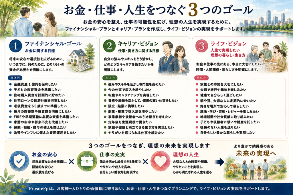 3つのゴールPrivateFp - 信頼の独立系FP法人PrivateFp G.K.|全国対応 「3つのゴールをつなぎ、未来を実現します」という趣旨の日本語インフォグラフィック。金融・キャリア・ライフの目標を並べて説明。